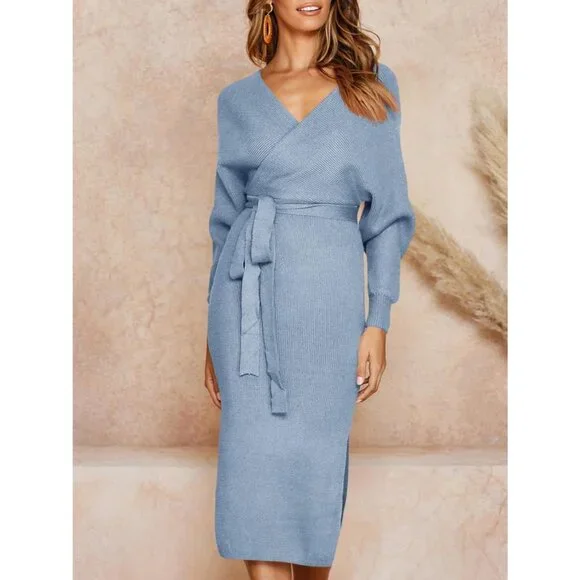 Women blue Wrap Maxi Sweater Dress V Neck Batwing Slit Open Back Bodycon Belt - Picture 5 of 7